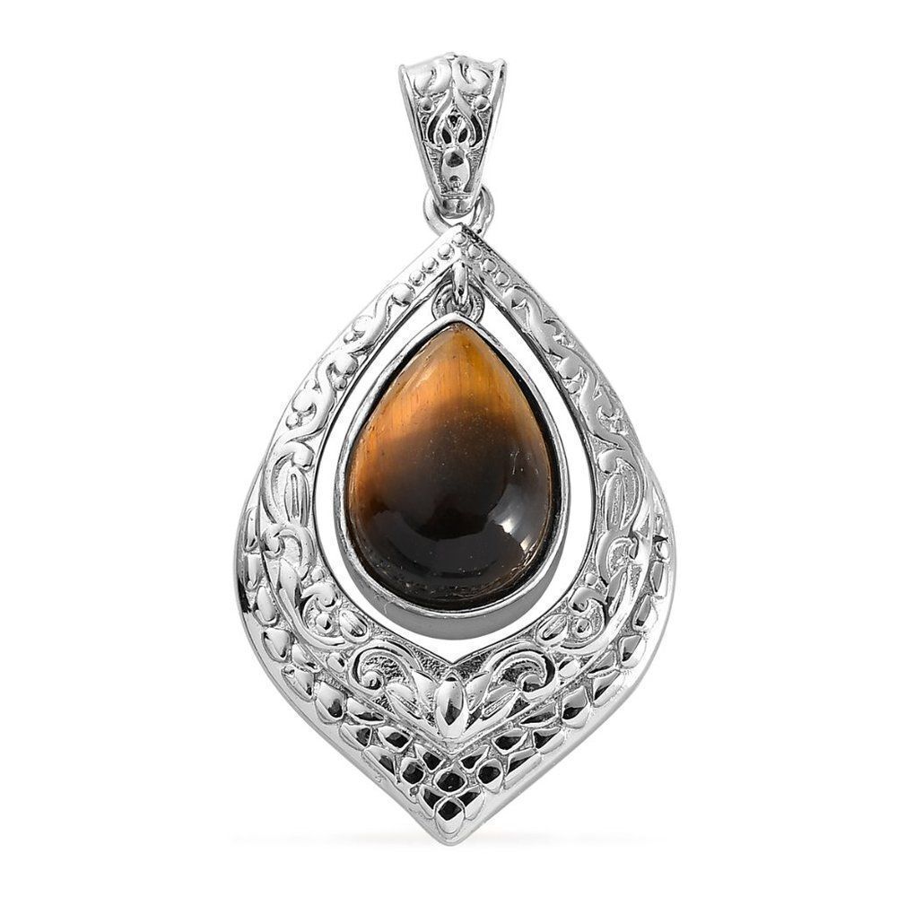 South African Tiger's Eye Solitaire Pendant in Platinum Over Copper with Magnet